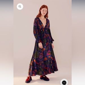 Farm Rio Navy Tropical Tapestry long sleeve Maxi Dress xs new with tags
